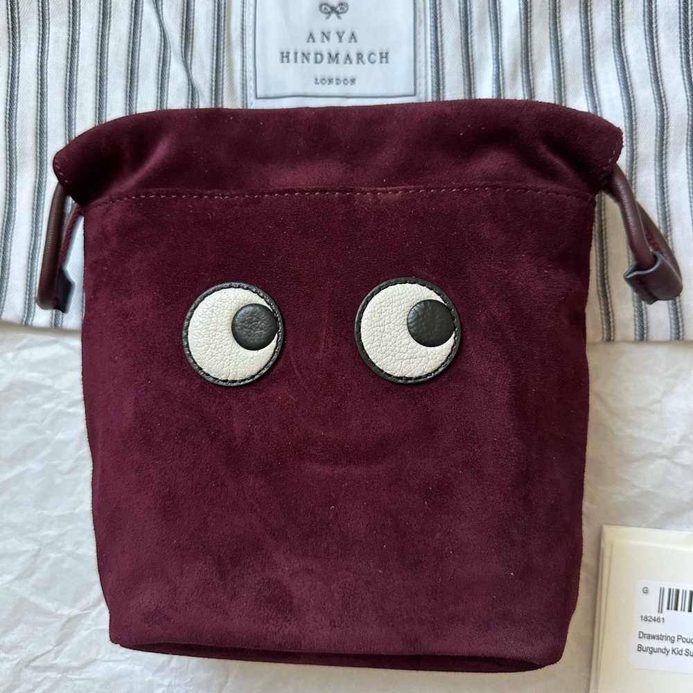 Anya Hindmarch Eyes Drawstring Pouch in Burgundy Suede